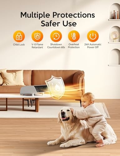 Baby playing with dog in living room, safety features displayed.