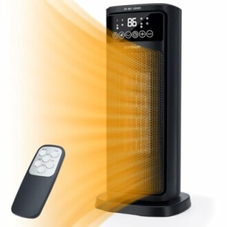 Ceramic tower heater with remote control and heat waves.