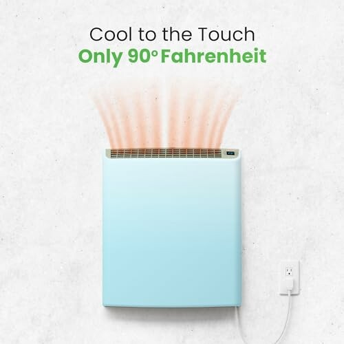 Wall-mounted heater emitting warm air, labeled 'Cool to the Touch Only 90° Fahrenheit'.