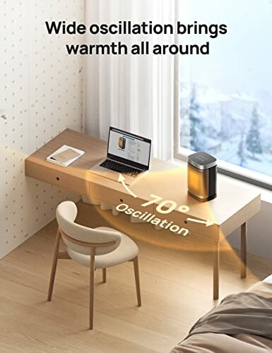 Desk with a heater showing 70-degree oscillation angle.