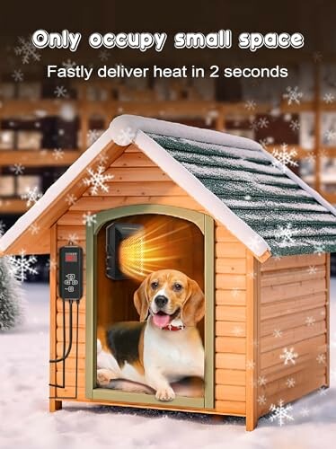 Dog in heated dog house with control panel and snowflakes