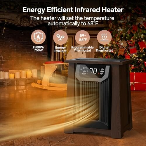 Energy efficient infrared heater with digital thermostat in a cozy room.