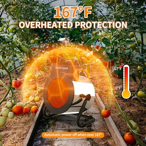 Greenhouse heater with 167°F overheat protection feature.