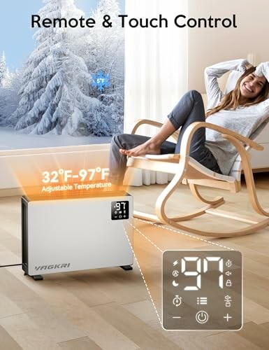 Woman using remote and touch control heater indoors.