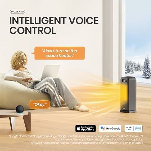 Woman using voice control to turn on space heater