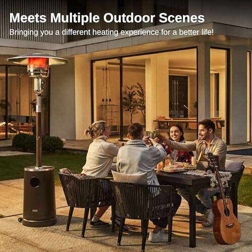 Family enjoying dinner outdoors with a patio heater.