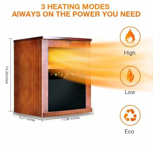 Portable electric heater with three heating modes: high, low, and eco.