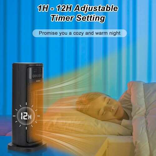 Portable heater with adjustable timer and sleeping person.