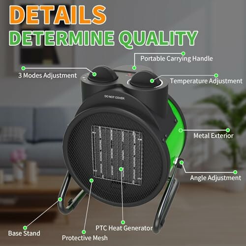 Portable heater with labeled features including handle, temperature adjustment, and metal exterior.