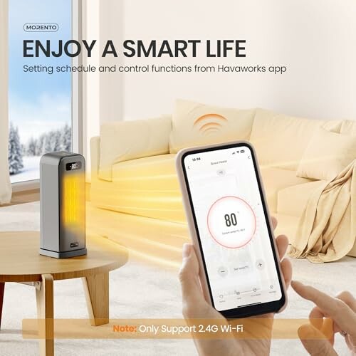 Person using smartphone app to control smart heater in living room.