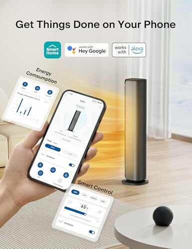 Smart home control via phone app with energy consumption and smart device control features.