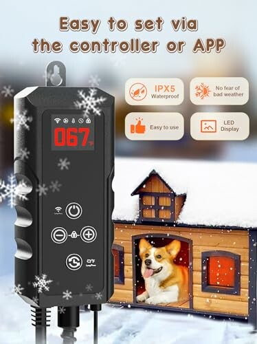 Digital temperature controller for pet house with IPX5 waterproof feature.