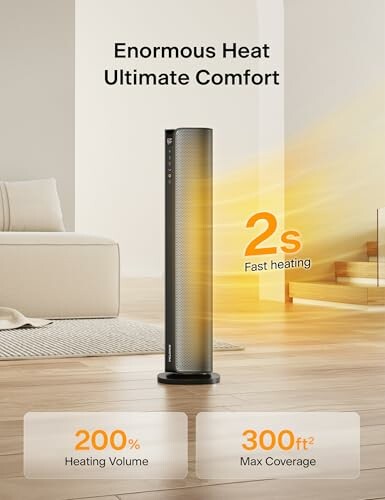 Tower heater in a living room with fast heating feature.