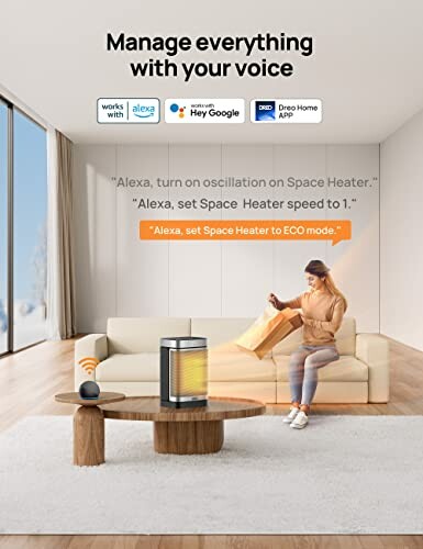 Woman using voice commands for space heater in living room.