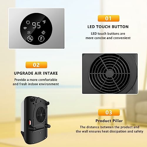 Wall heater features including LED touch button, upgraded air intake, and product pillar.