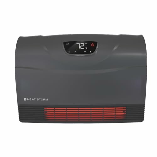 Wall-mounted electric heater with digital display.