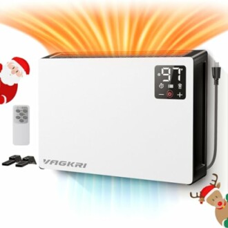 Wall-mounted heater with digital display and remote control, Santa and reindeer decorations.