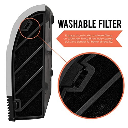 Washable filter with thumb tabs for easy release.