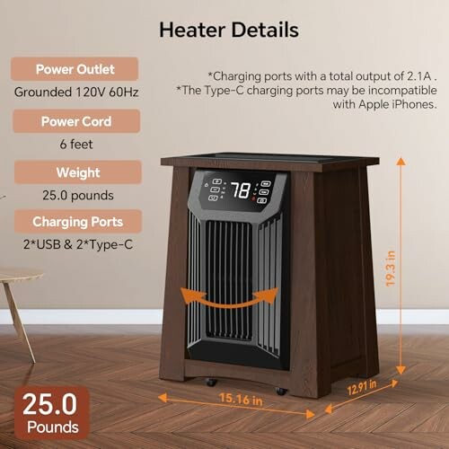 Wooden heater details with power outlet, cord length, weight, and charging ports.